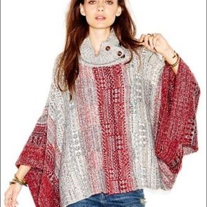 Free people Willow Diamond-Knit Poncho, Red/Gray